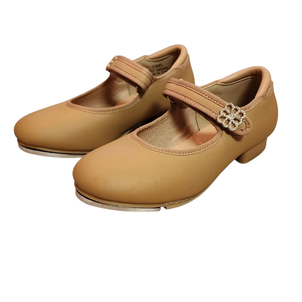 Stelle Tap Dance Shoes Girls 13ML Tan Faux Leather Rhinestones Adjustable Strap